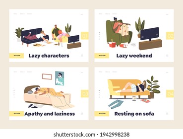 Lazy weekend concept of set of landing pages with cartoon characters having rest at home watching tv, sleeping, chatting with smartphone and eating delivery food. Flat vector illustration