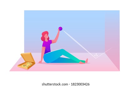 Lazy Weekend Day, Procrastination and Relaxed Home Spare Time Concept. Female Character Sitting on Floor with Pizza Box Eat and Throwing Little Ball in Wall and Catching. Cartoon Vector Illustration