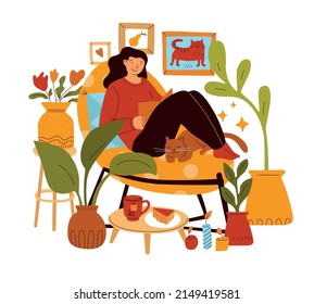 Lazy weekend girl. Relaxing lifestyle. Woman in cozy interior reads book. Famale sitting in comfortable armchair. Home procrastination. Hot tea and cake. Hygge atmosphere