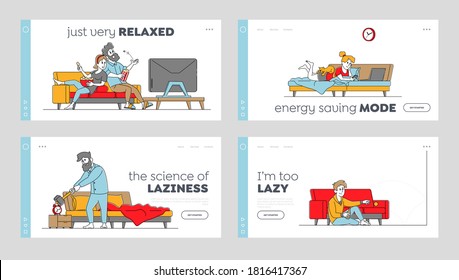 Lazy Weekend Landing Page Template Set. Characters Relaxing at Home Watching Tv, Reading and Watch Online Video, Drink Alcohol, Angry Man Hit Alarm Clock with Hammer. Linear People Vector Illustration