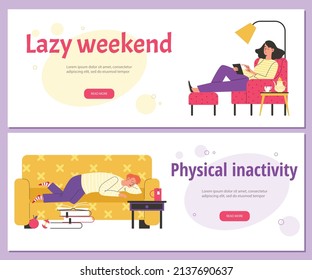El fin de semana perezoso y el concepto de carteles o pancartas de inactividad física con perezosos hombres y mujeres tendidos en el sofá y sillón en casa, ilustración vectorial de dibujos animados planos.