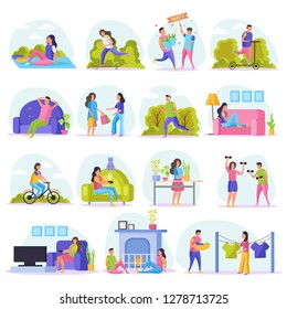 Lazy weekends people flat icon set with resting people watch tv sit on couch shopping riding in the park and other vector illustration