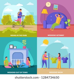 Lazy weekends people flat icon set with riding in the park weekend getaway wash and out of town descriptions vector illustration