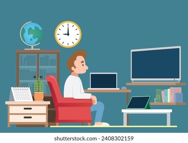 Lazy weekends people Watching TV, Sitting on a Sofa in Their Cozy Living Room, illustration