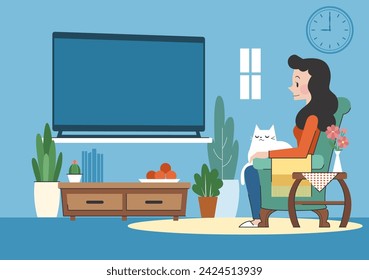 Lazy weekends people Watching TV, Sitting on a Sofa in Their Cozy Living Room, illustration