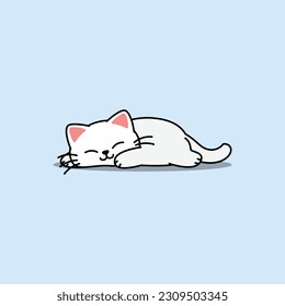 Lazy white cat sleeping cartoon, vector illustration