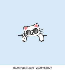 lazy white cat with sunglasses cartoon, vector illustration