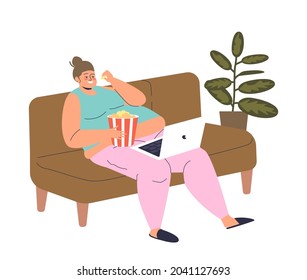 Lazy woman eating popcorn watch show on laptop computer sitting relaxed at home on couch. Bad habits and sedentary lifestyle concept. Cartoon flat vector illustration