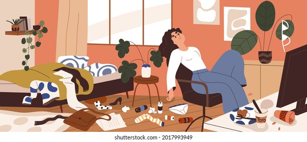 Lazy woman with mess around at home. Depressed sluggish person in dirty messy room. Concept of apathy, depression and psychological disorder. Flat vector illustration of untidy apartment with trash