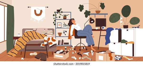 Lazy woman in messy and dirty room. Sluggish person with mess, litter and scattered stuff around. Disorder, clutter and chaos at home. Apathy concept. Flat vector illustration of untidy apartment