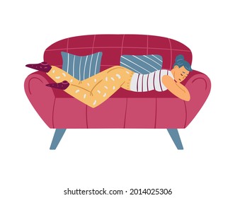 Lazy woman napping on couch unwilling to work, flat vector illustration isolated on white background. Laziness, idleness and tiredness concept with sleeping woman.