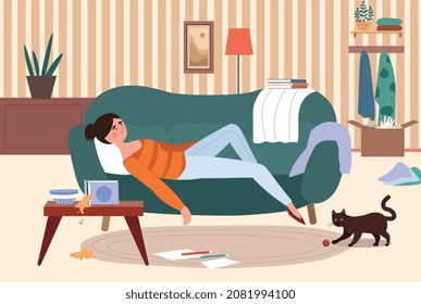 Lazy woman on sofa. Girl resting after hard day at work. Character tired of household chores, routine. Clutter in apartment, interior, dirty home, unmotivated. Cartoon flat vector illustration