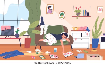 Lazy woman room. Apathetic sad girl relax lying on couch untidy apartment home disorder with dirty socks or trash, indifference women depression concept vector illustration of apathetic character lazy