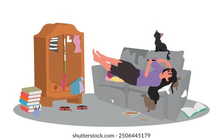 Lazy woman room. Apathetic sad girl relax lying on couch untidy apartment home disorder with dirty socks or trash, indifference women depression concept vector illustration of apathetic character lazy