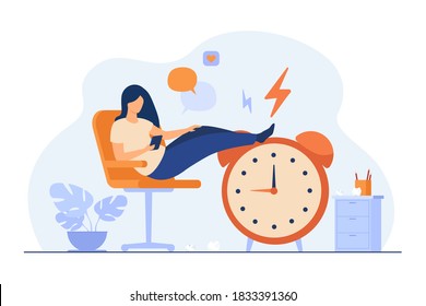 Lazy woman sitting in office and procrastinating flat vector illustration. Cartoon person wasting time with legs up on alarm watch. Daydream, leisure and laziness concept