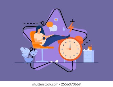 Lazy woman sitting in office and procrastinating flat vector illustration. Cartoon person wasting time with legs up on alarm watch. Daydream, leisure and laziness concept