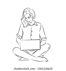 Lazy woman sitting on  the floor and working with laptop in social networks,  Flat illustration, Vector illustration