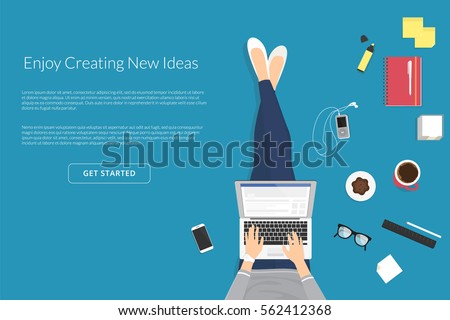 Lazy woman sitting on floor and working with laptop in social networks. Flat vector illustration top view of people relaxing at home, drinking coffee using laptop and typing in social media comments