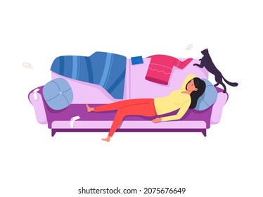 Lazy women on sofa. Apathetic indifferent girl among messy clothes, vector illustration isolated on white background