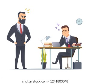 Lazy worker. Business office manager tired from routine work slipping at desk angry director standing vector concept scene