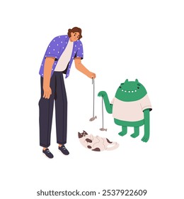 Lazy worker has problems with procrastination, self discipline concept. Irresponsible man chooses to delay business and plays with cat instead work. Flat isolated vector illustration on white