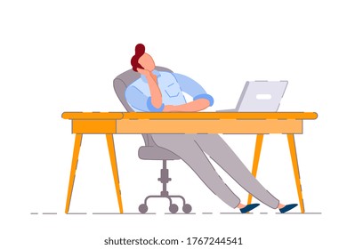 Lazy worker. Isolated bored business man cartoon character daydreaming and procrastinating at office work desk. Lazy worker person. Vector procrastination and laziness concept