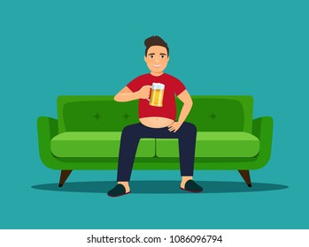 Lazy Young Fat Man With Glass Of Beer Sitting On Sofa Isolated. Vector Flat Style Illustration