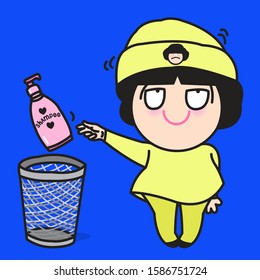 Lazy Young Girl Wearing Winter Hat On Head To Hide Her Dirty Hair And Throwing Away A Bottle Of Shampoo At Garbage Bin Concept Card Character illustration