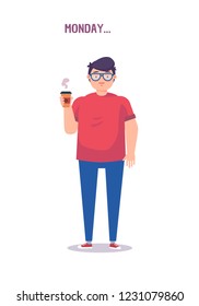 Lazy young office worker character having a coffee on monday morning. vector flat, cartoon style illustration