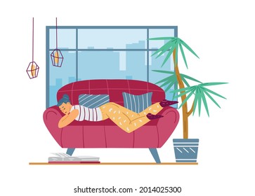 Lazy young woman relax lying on couch and feeling depression, laziness or apathy. Tired exhausted female person sleep on sofa at home after work day. Flat vector illustration.