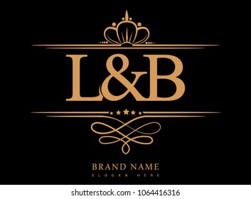 L&B Initial logo, Ampersand initial logo gold with crown and classic pattern
