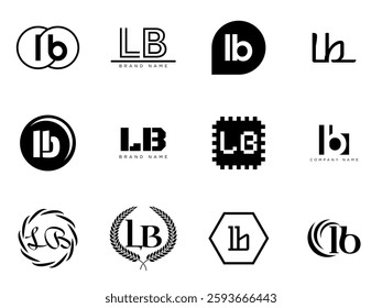 LB logo company template. Letter l and b logotype. Set different classic serif lettering and modern bold text with design elements. Initial font typography. Collection trendy business identity.