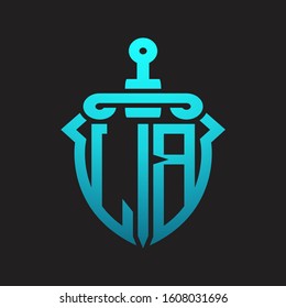 LB Logo monogram with sword and shield combination isolated blue colors gradient