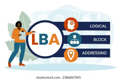 LBA - sigla de dirección de bloques lógicos. fondo de concepto de negocio. concepto de ilustración vectorial con palabras clave e iconos. ilustración con iconos para banner web, volante