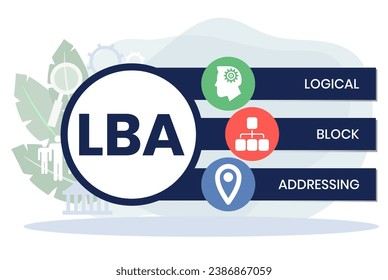 LBA - Logical Block Addressing acronym. business concept background. vector illustration concept with keywords and icons. lettering illustration with icons for web banner, flyer