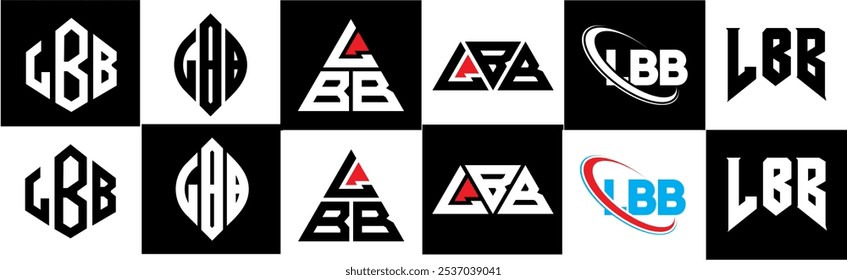 Diseño del logotipo de la letra de LBB en seis estilos. LBB polígono, círculo, triángulo, hexágono, estilo plano y simple con logo de letra de variación de color blanco y negro en una mesa de trabajo. Logotipo minimalista y clásico de LBB