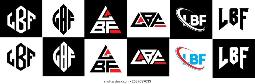 LBF Buchstaben Logo Design in sechs Stil. LBF Polygon, Kreis, Dreieck, Sechseck, flach und schlicht mit schwarz-weißem Farbvariationsbuchstaben Logo in einer Zeichenfläche. LBF minimalistisches und klassisches Logo