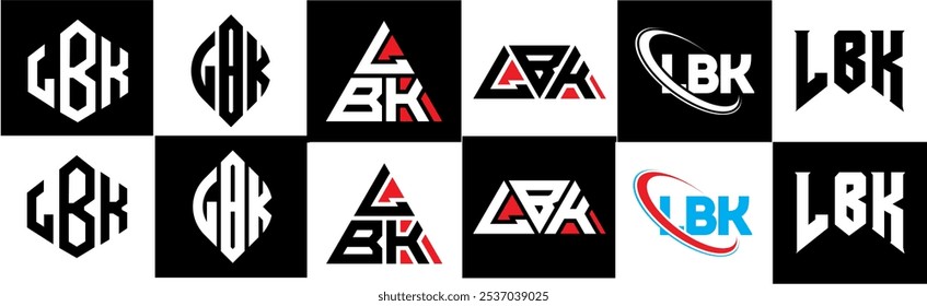 LBK letter logo design in six style. LBK polygon, circle, triangle, hexagon, flat and simple style with black and white color variation letter logo set in one artboard. LBK minimalist and classic logo