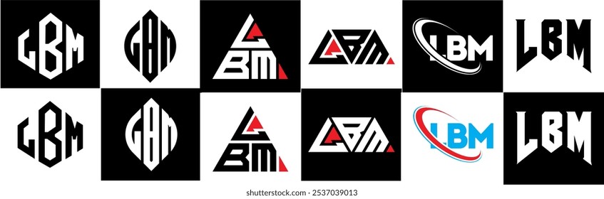 LBM letter logo design in six style. LBM polygon, circle, triangle, hexagon, flat and simple style with black and white color variation letter logo set in one artboard. LBM minimalist and classic logo