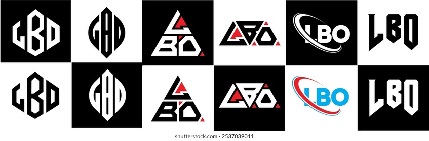 LBO letter logo design in six style. LBO polygon, circle, triangle, hexagon, flat and simple style with black and white color variation letter logo set in one artboard. LBO minimalist and classic logo