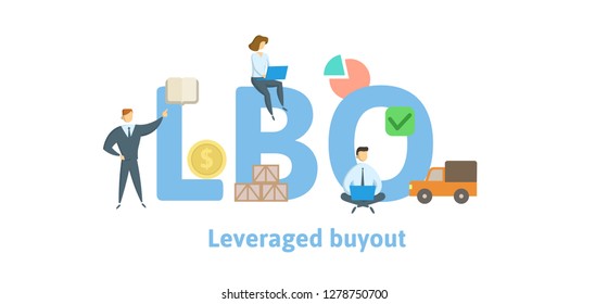 LBO, Leveraged Buyout. Concept with keywords, letters and icons. Colored flat vector illustration. Isolated on white background.