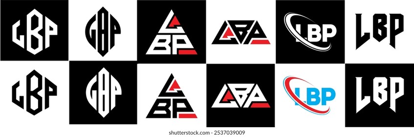 LBP letter logo design in six style. LBP polygon, circle, triangle, hexagon, flat and simple style with black and white color variation letter logo set in one artboard. LBP minimalist and classic logo