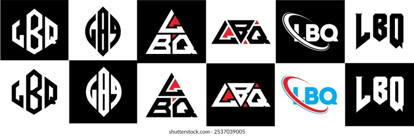 LBQ letter logo design in six style. LBQ polygon, circle, triangle, hexagon, flat and simple style with black and white color variation letter logo set in one artboard. LBQ minimalist and classic logo