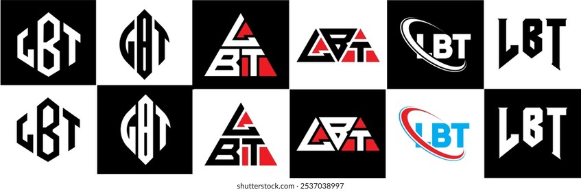 LBT letter logo design in six style. LBT polygon, circle, triangle, hexagon, flat and simple style with black and white color variation letter logo set in one artboard. LBT minimalist and classic logo