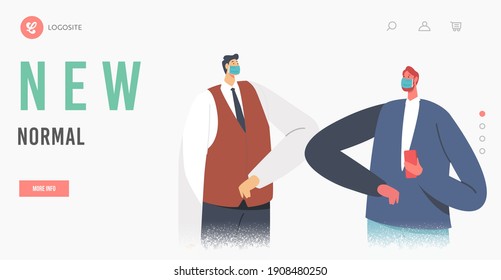 LBusiness Adapting anding Page Template. Characters Greeting Each Other with Elbows. Colleagues Alternative Non-contact Greet During Covid19, Social Distancing. Cartoon People Vector Illustration