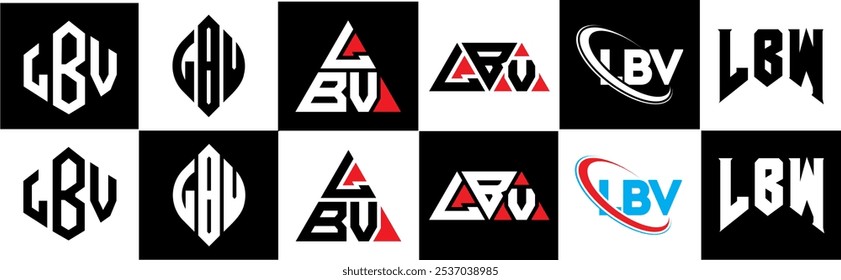 Diseño del logotipo de la letra de LBW en seis estilos. Polígono LBW, círculo, triángulo, hexágono, estilo plano y simple con logo de letra de variación de color blanco y negro en una mesa de trabajo. Logotipo minimalista y clásico de LBW