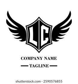 LC bold shield logo with wings, customizable with letters A to Z. Perfect for brands seeking a powerful symbol of strength, freedom, and ambition