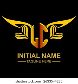 Logotipo LC Golden Wing Emblem com asas de ouro elegante, design elegante e moderno. Ideal para marcas, projetos criativos, empresas de luxo ou empreendimentos artísticos.