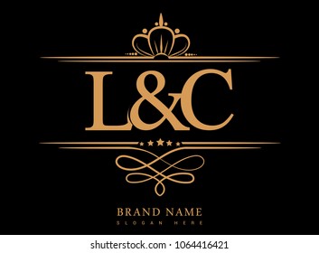 L&C Initial logo, Ampersand initial logo gold with crown and classic pattern