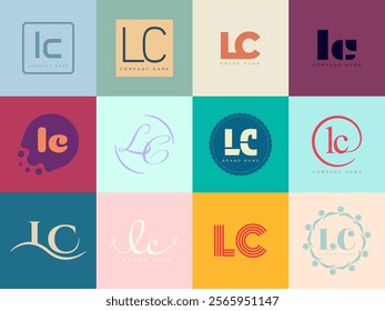 LC logo company template. Letter l and c logotype. Set different classic serif lettering and modern bold text with design elements. Initial font typography. Collection trendy business identity.